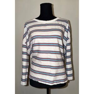 J.Crew Womens XL Striped 3/4 Sleeve Cotton Crew Neck T-Shirt White Teal Orange